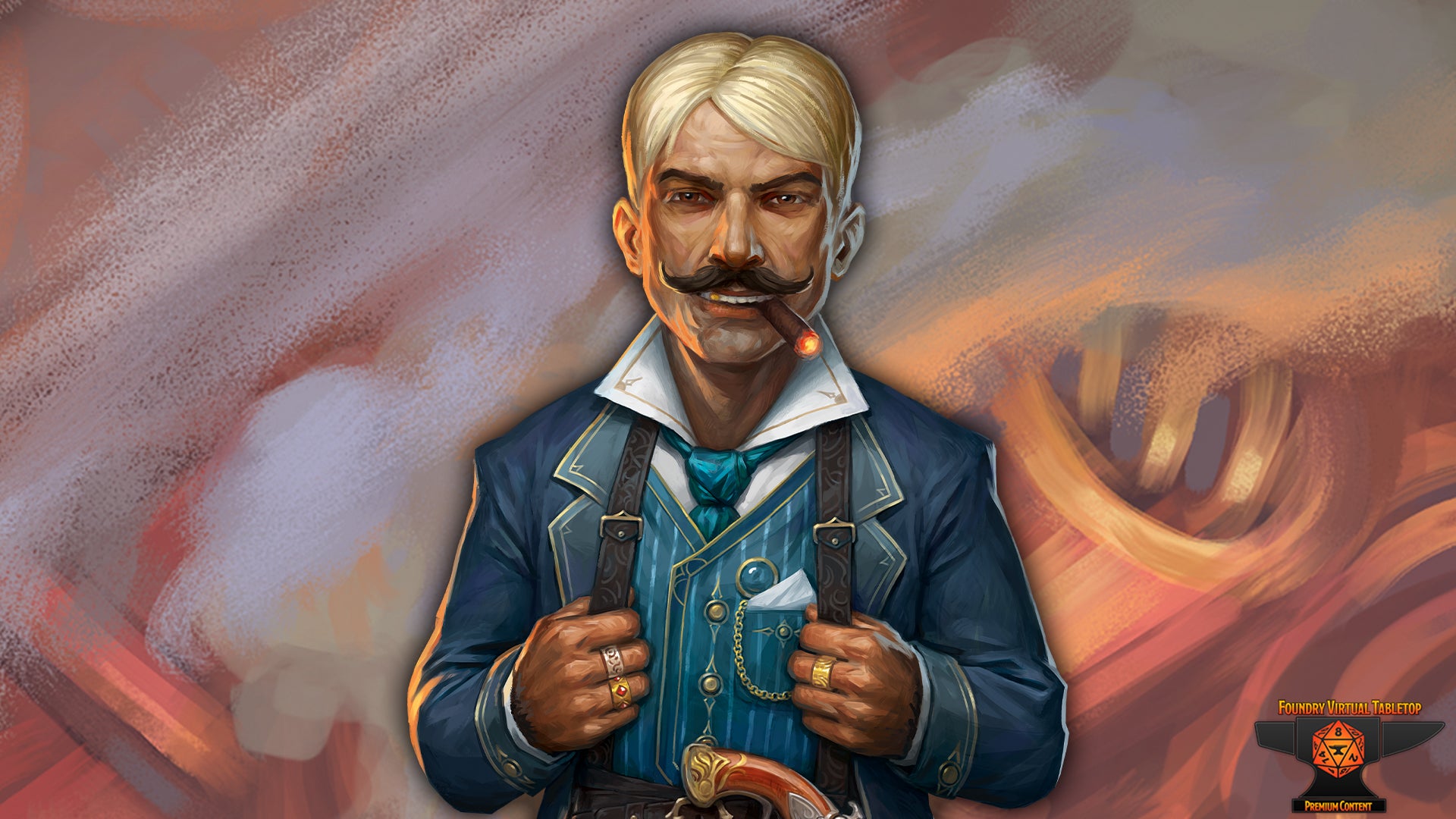 A halfling dressed in fine clothes, holds onto his suspenders and smiles around a lit cigar in his mouth