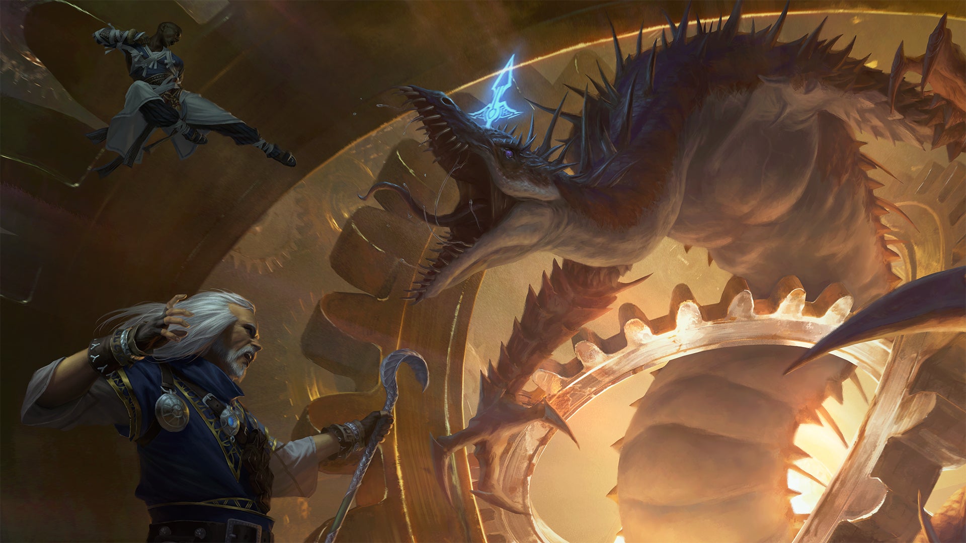 Pathfinder iconics Ezren and Sajan battle a large dragon amongst a clockwork structure