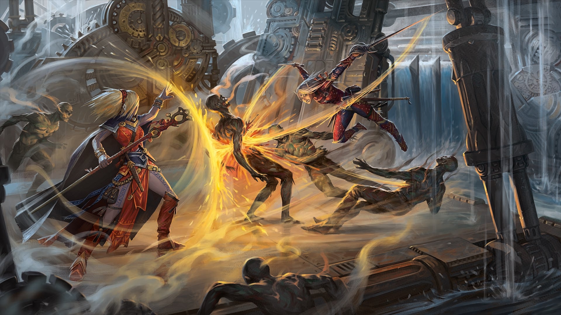 iconic sorcerer, Seoni and iconic rogue, Merisiel battling the undead