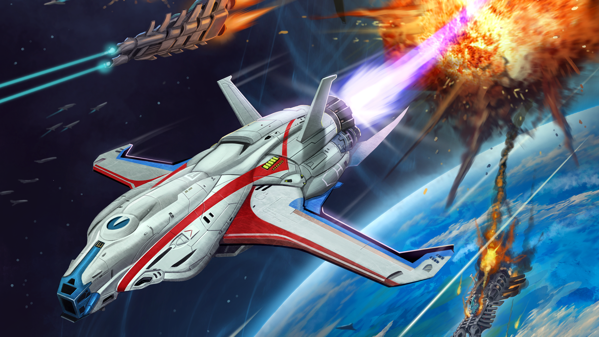 A starfinder ship flying away from a spaceship battling with a large ship exploding in the background and another falling through space to the planet below