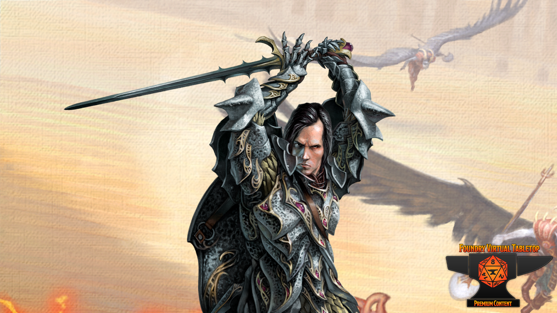 A human dressed in dark scaled armor listing a sword high over his head