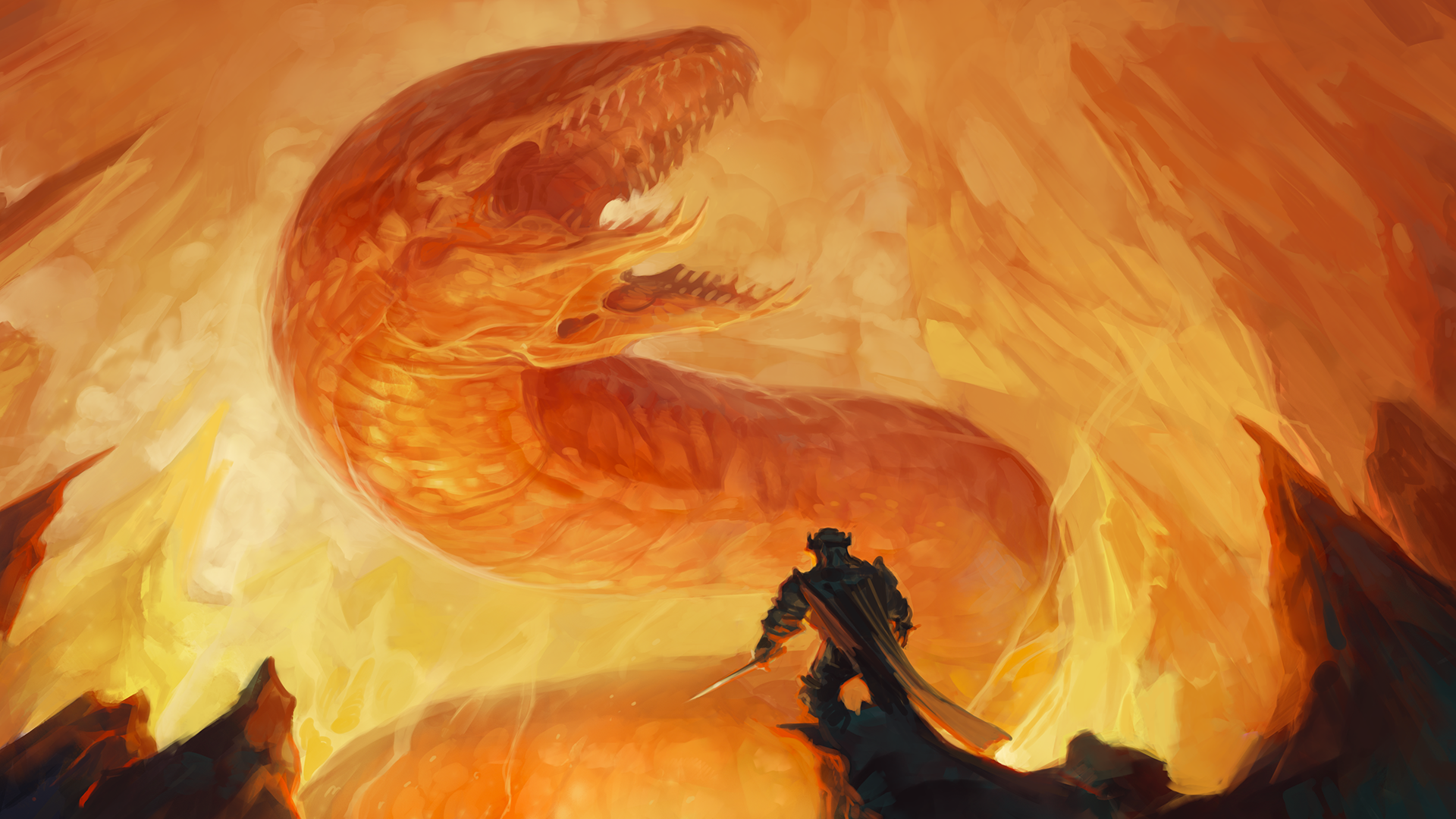 An armored dwarf stands facing a large flaming worm-like monster