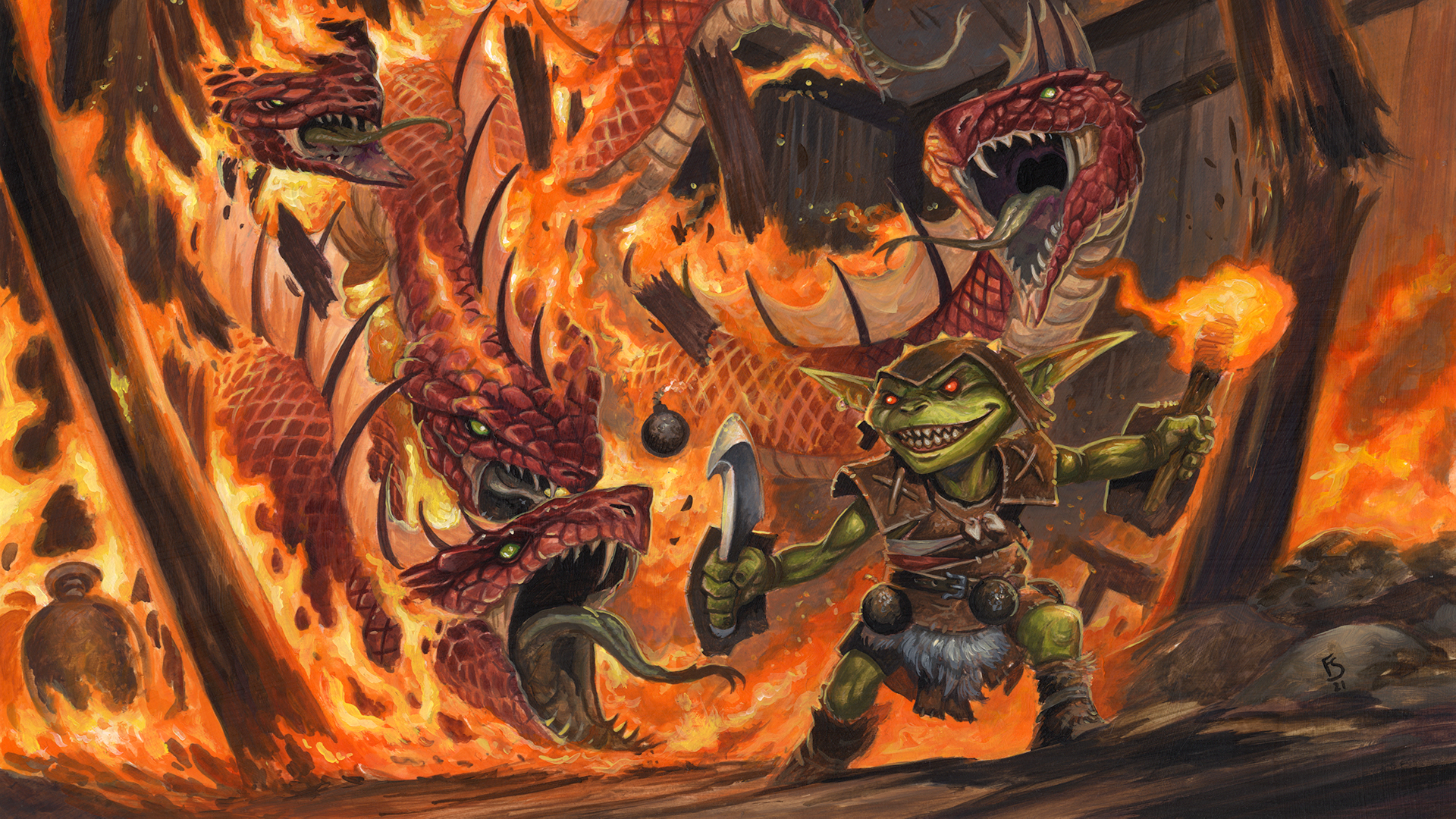 A goblin holding a torch after setting a building on fire with a hydra inside