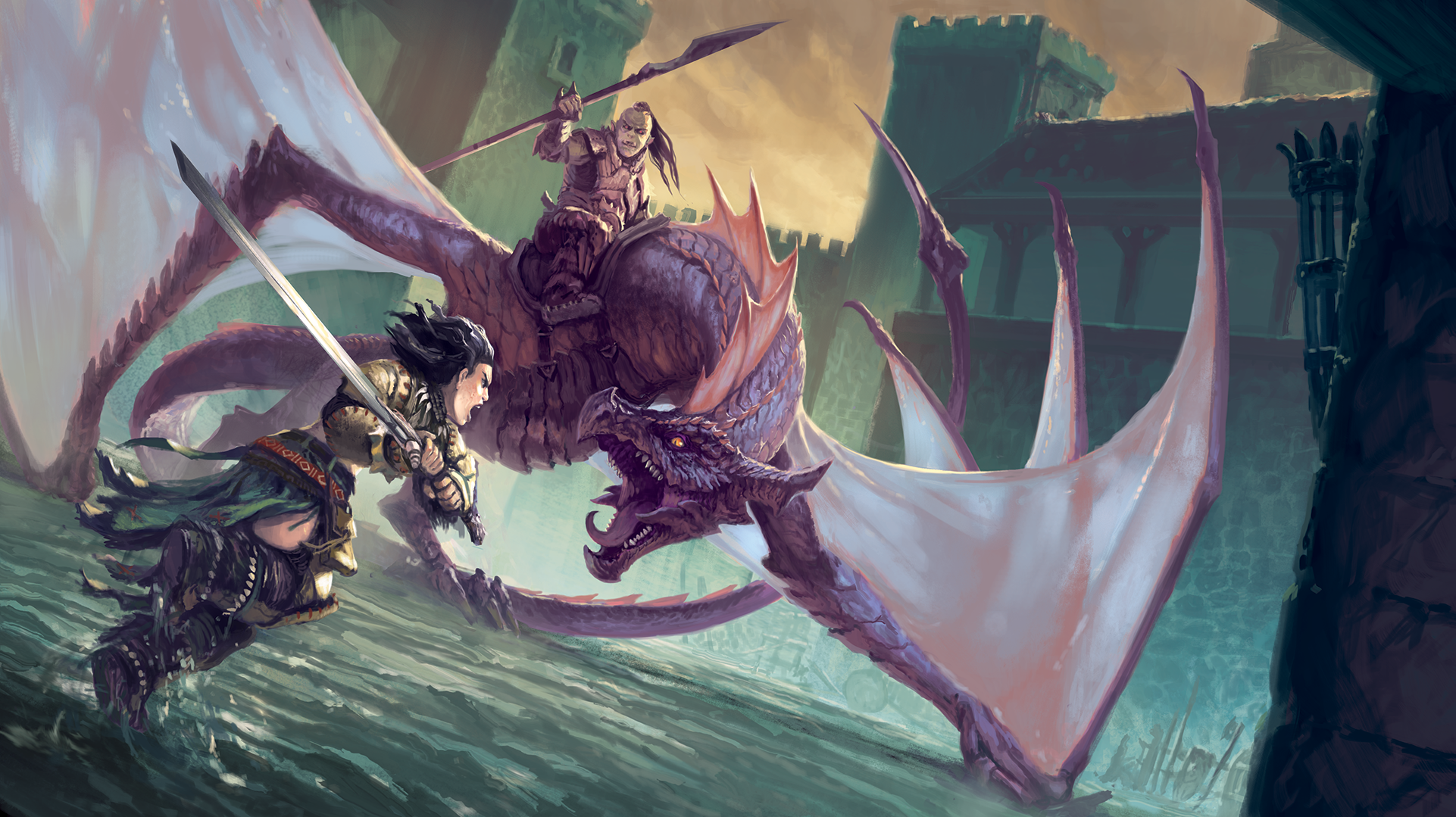 Iconic barbarian, Amiri rushing towards a fighter wielding a spear, riding on the back of a wyvern