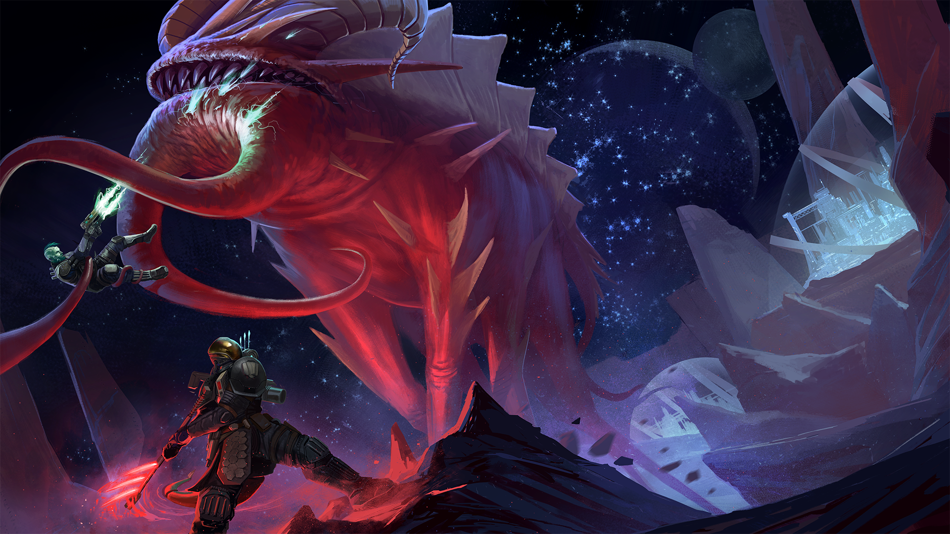 Starfinder iconics battling a large red alien with two tentacle protruding from its jaw