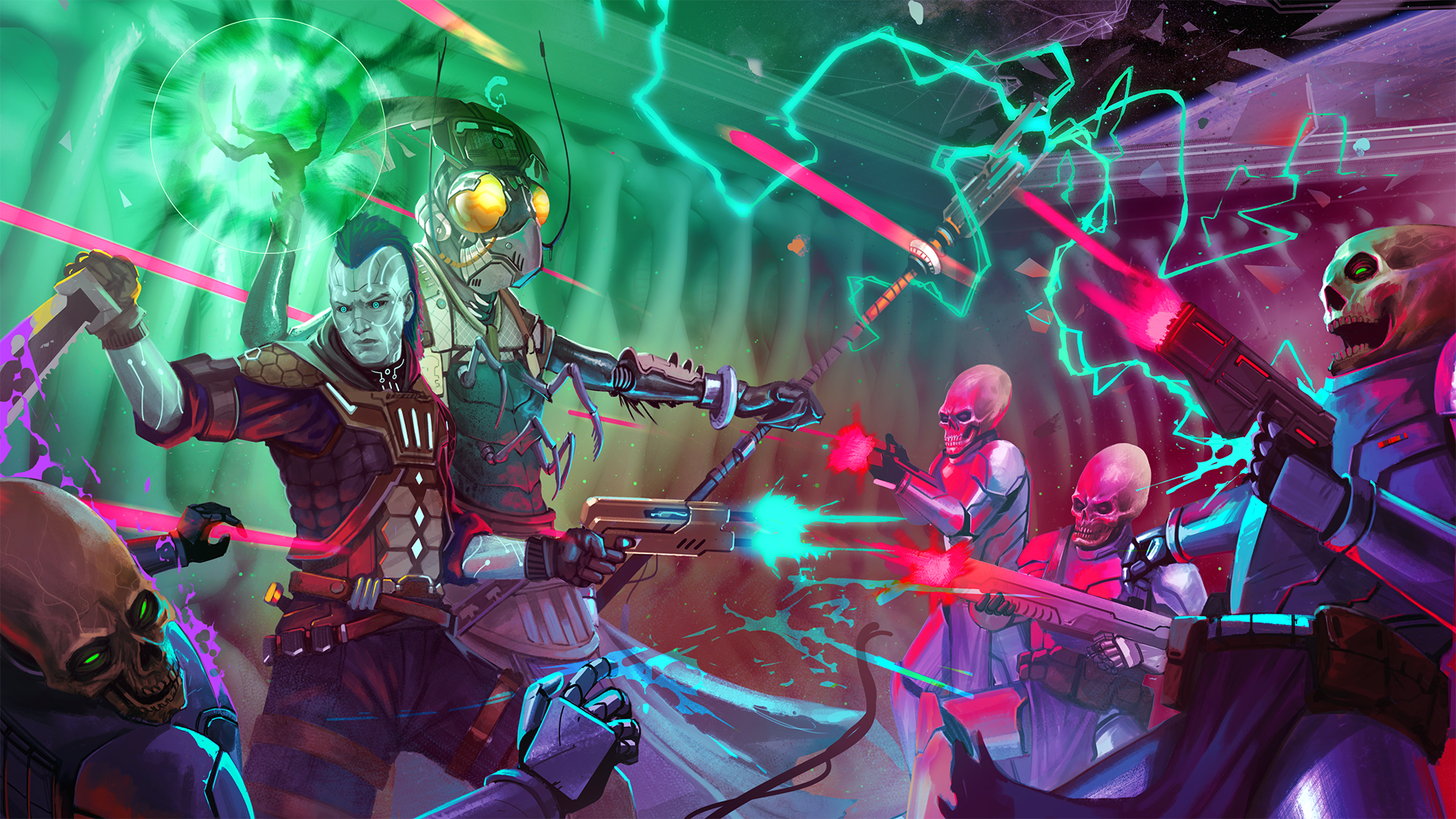 Starfinder iconic operative, Iseph and iconic Mystic, Keskodai battling skeletal aliens who are firing at them from behind an energy shield 