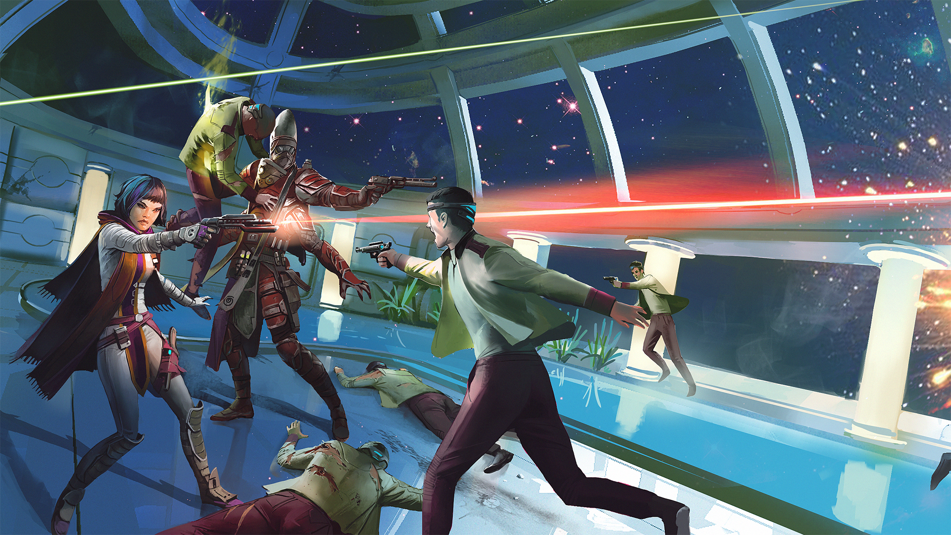 Starfinder iconics battling an enemy crew on a large, transparent, spaceship deck