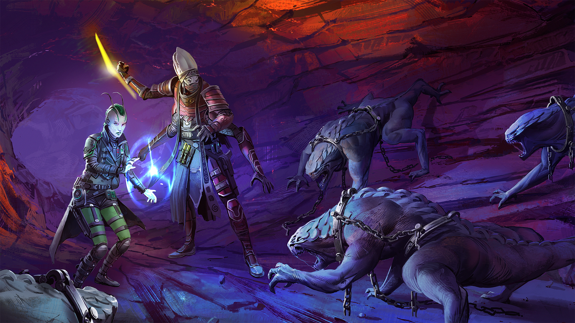 Starfinder iconics investigating large lizard-like creatures in a dark cave