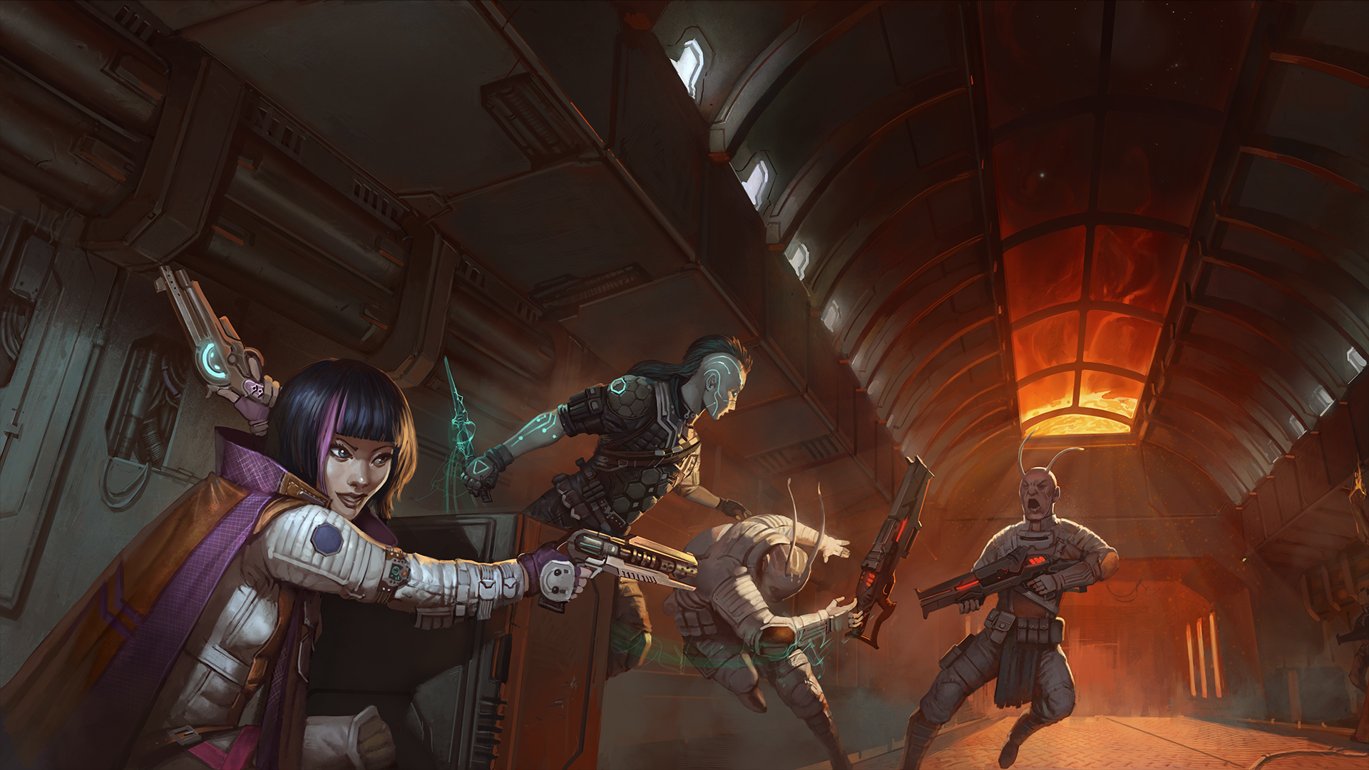 Starfinder iconics taking cover behind a small crate as an enemy crew runs at them down a long hallway