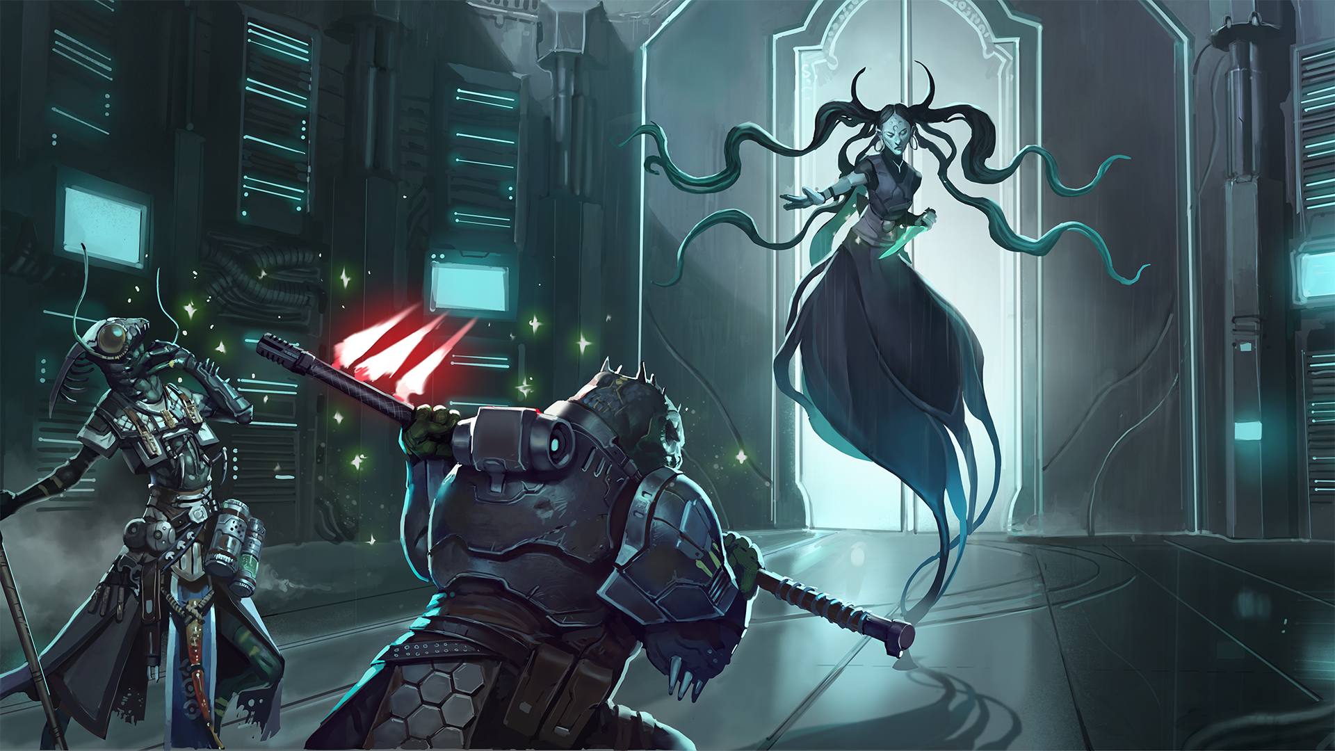 Starfinder iconic soldier, Obozaya and iconic mystic, Keskodai facing off against a tall ghostly entity