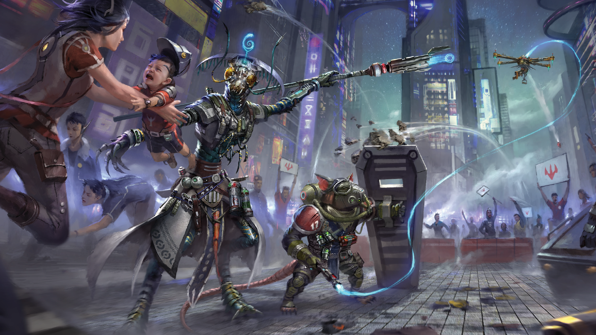 Starfinder iconic mystic, Keskodai and iconic mechanic, Quig guiding people away from a rioting crowd 