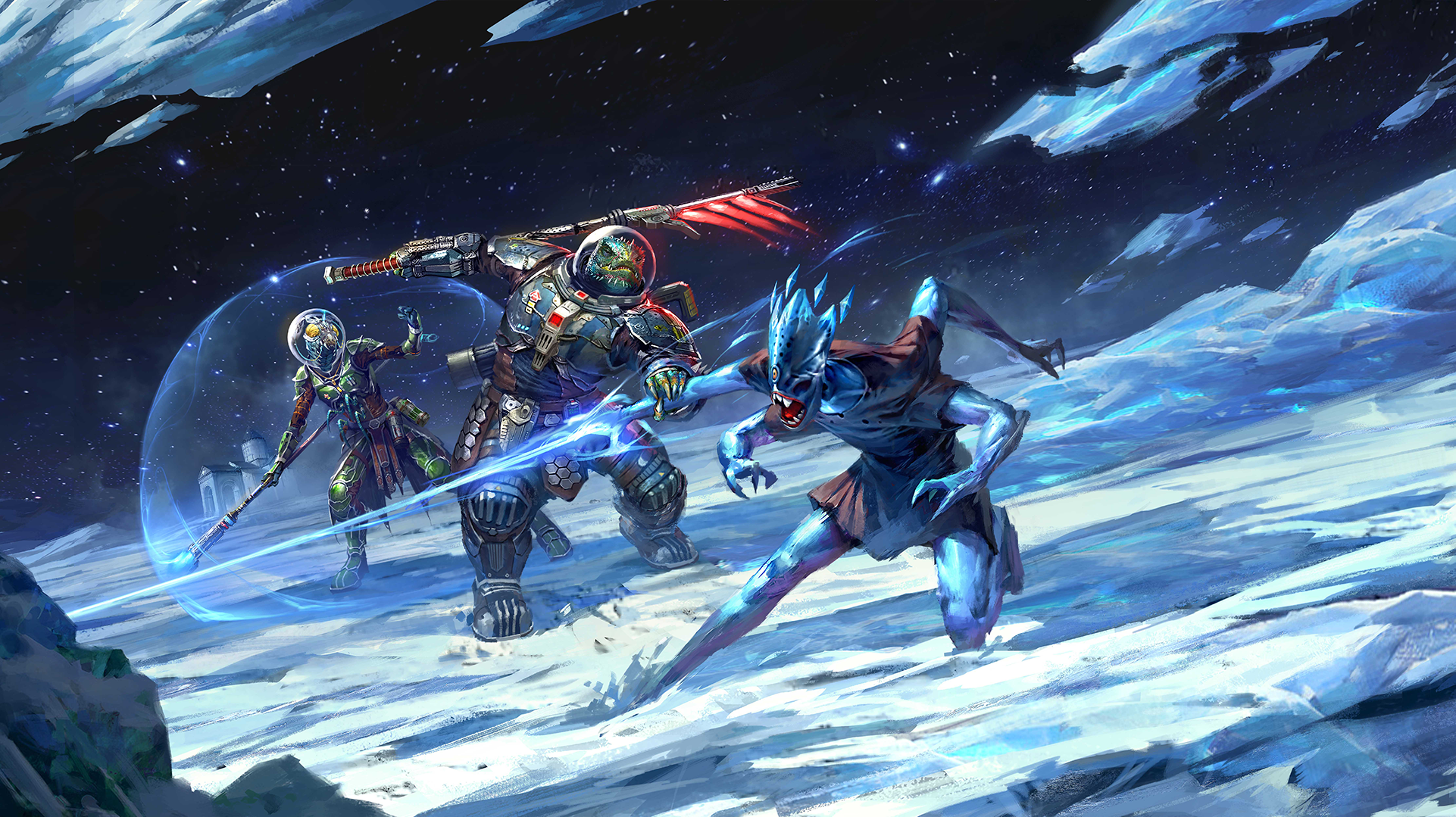 Starfinder iconics battle an alien on an icy plain in space