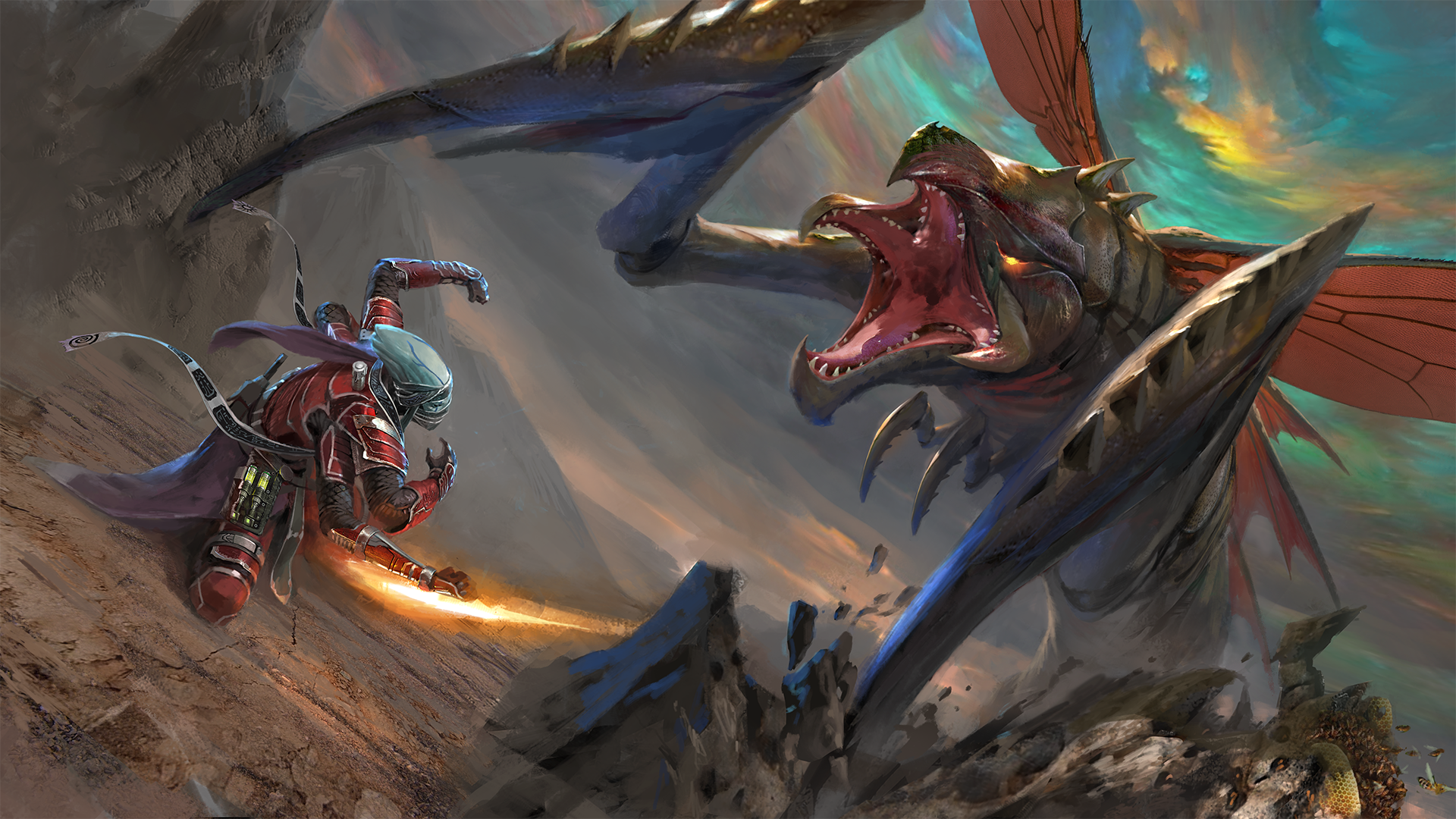 Iconic solarion, Altronus battling a large insect-like alien on a rocky plain