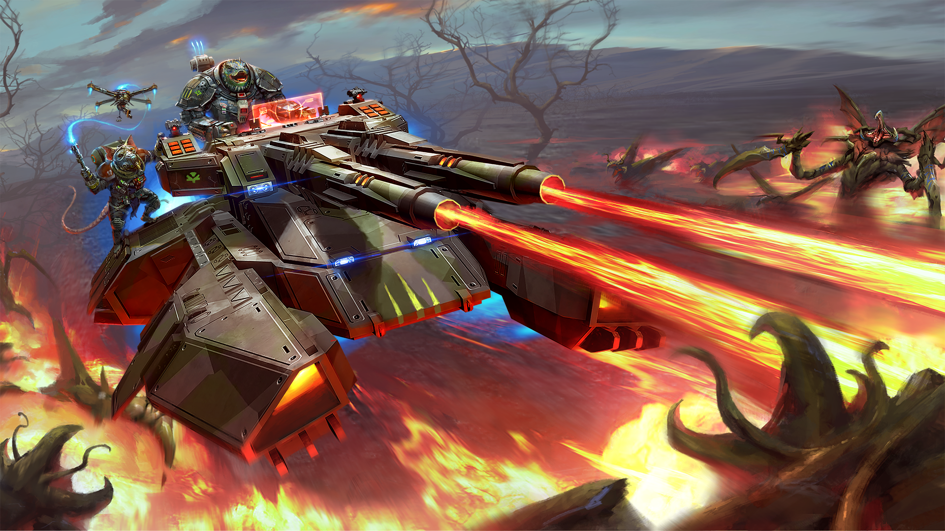 Iconic soldier, Obozaya sitting on top of a large tank shooting fire at a hoard of insect-like aliens