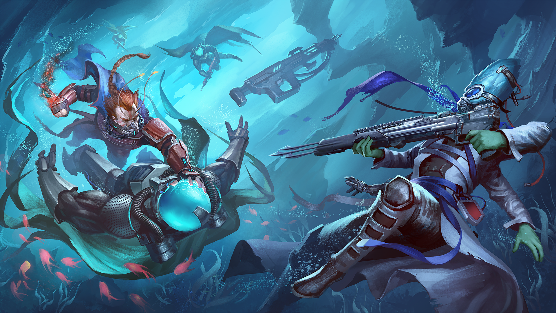 Starfinder Iconic Vanguard Velloro, and Iconic Biohacker Barsala battle suited enemies under water