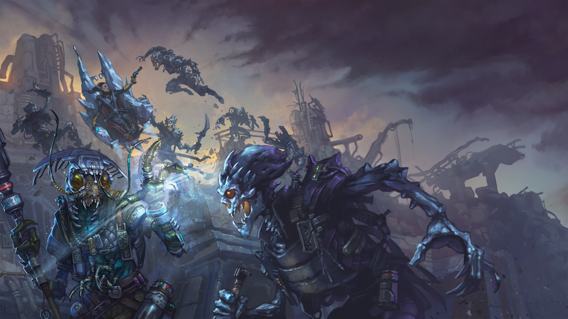 Starfinder iconics battling insect-like aliens in the wreckage of a ship