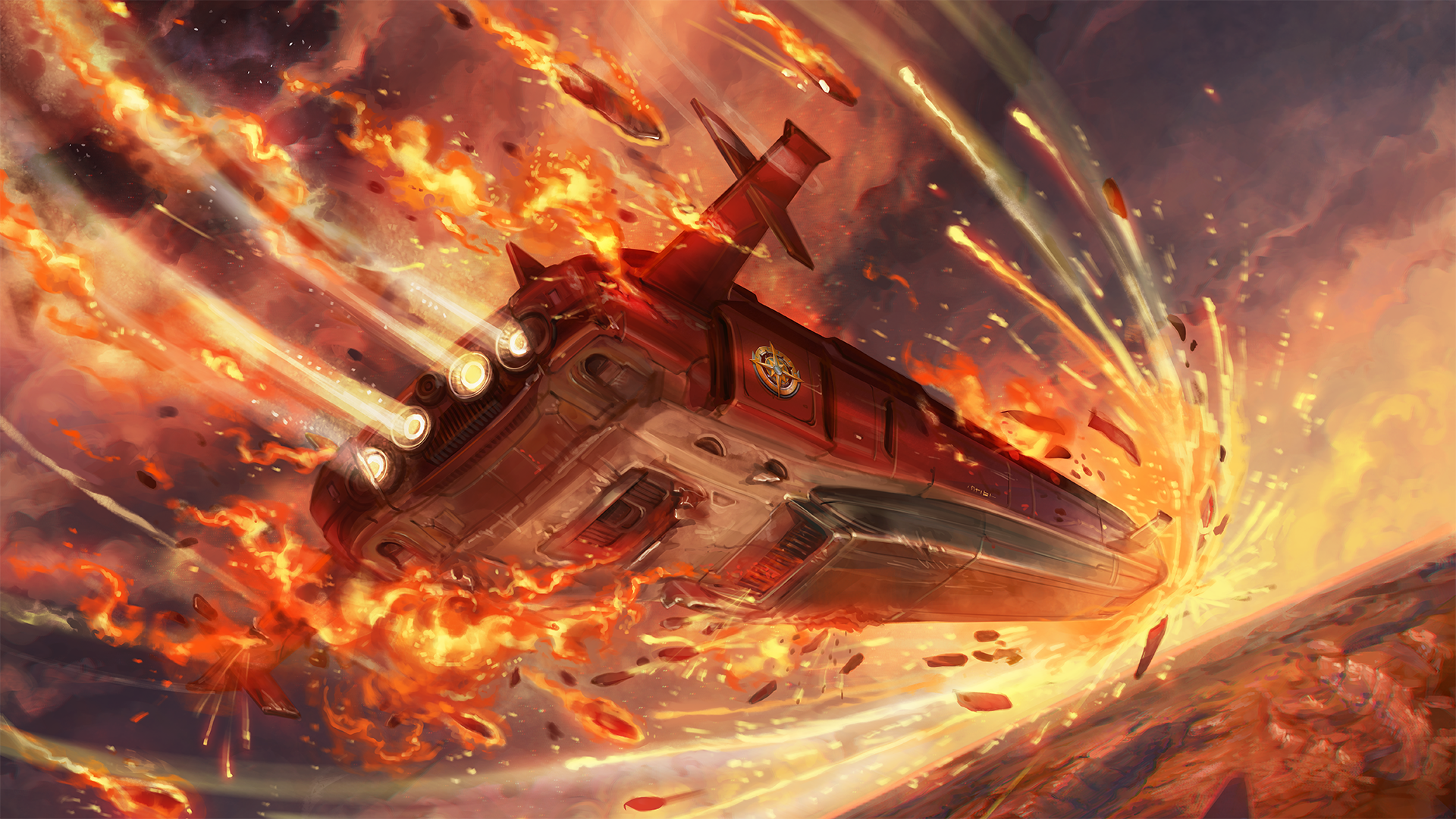 A space ship crashing to the ground in a fiery blaze