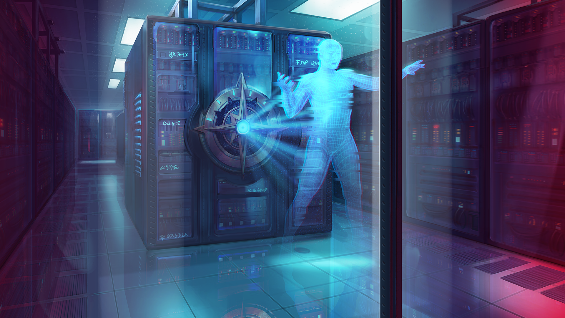 A blue hologram of a humanoid in an empty server room