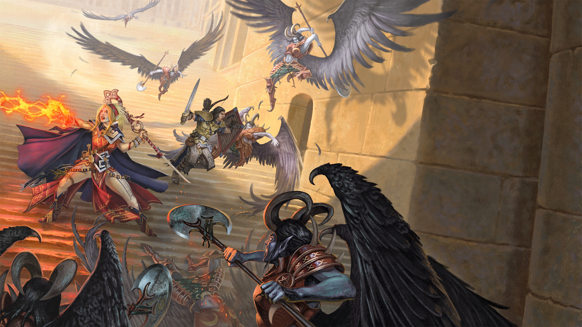 Pathfinder iconic sorcerer, Seoni standing on a staircase facing off against many winged, horned, humanoids