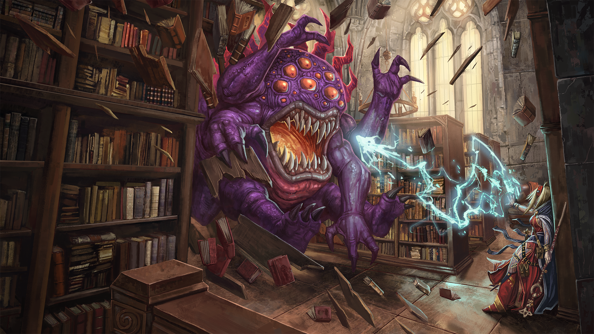 iconic sorcerer, Seoni, shooting electricity at a large purple monster rampaging through a library 