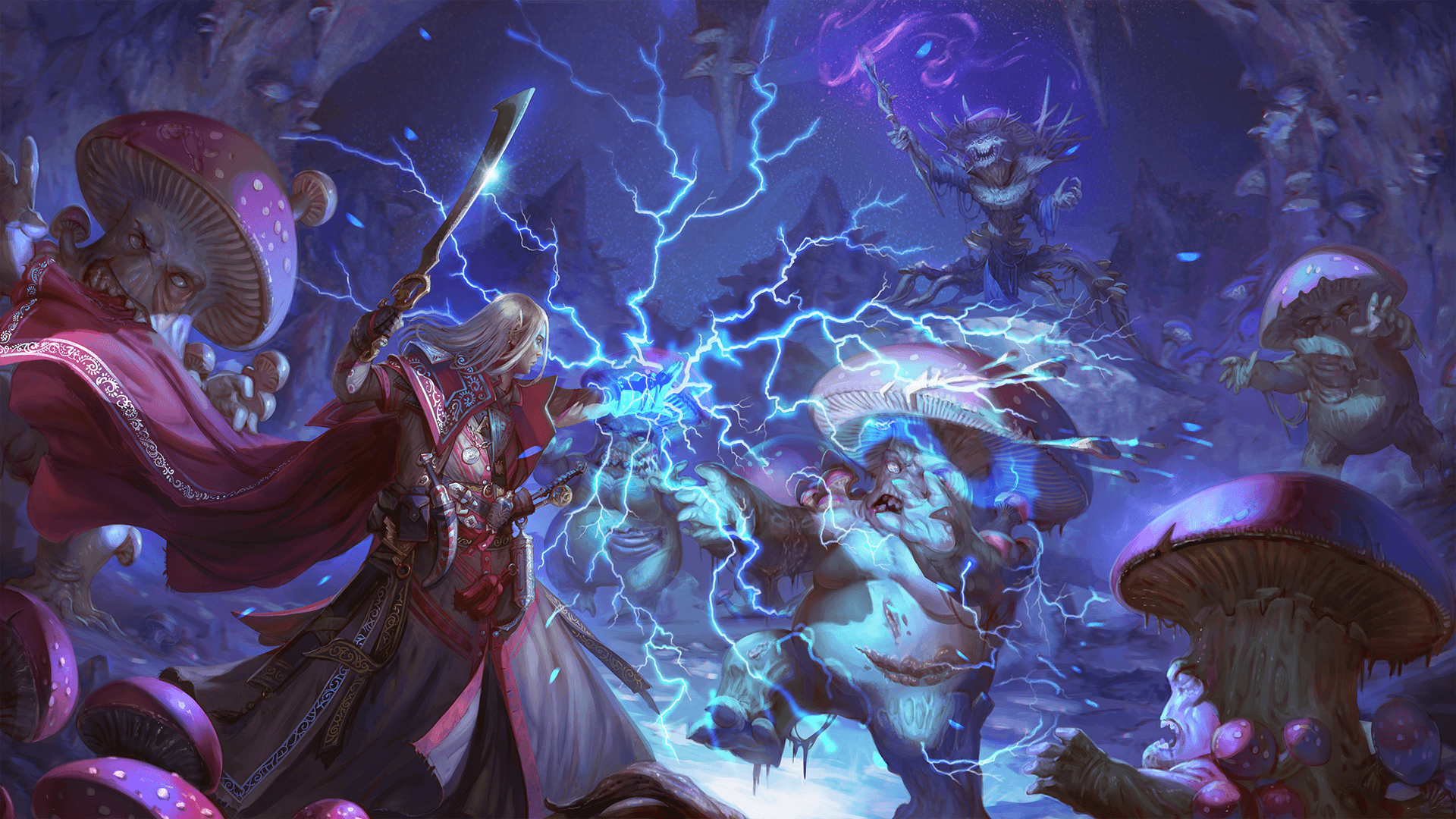 iconic magus, Seltyiel using electricity to battle a hoard of mushroom leshi