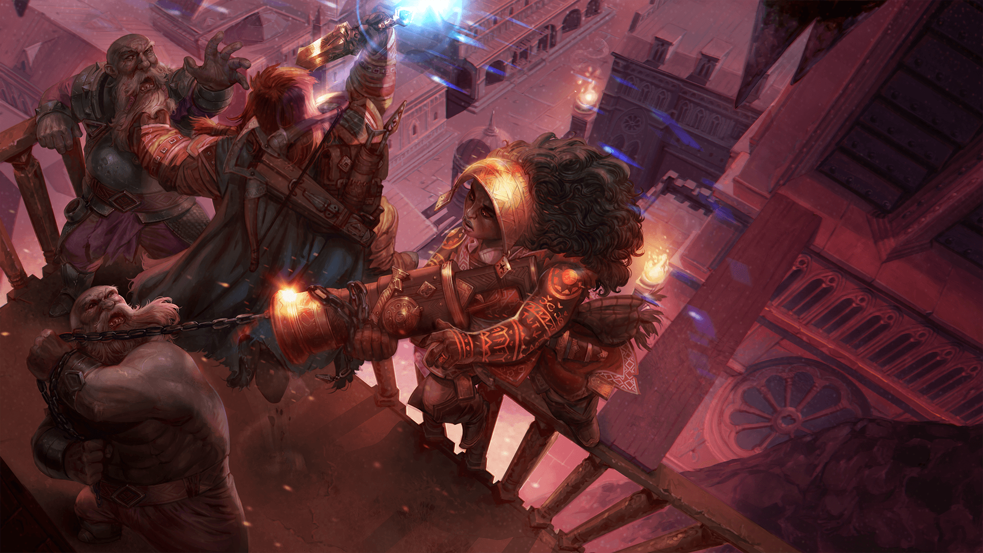 iconic gunslinger, Nhalmika fighting dwarves on a balcony over a city