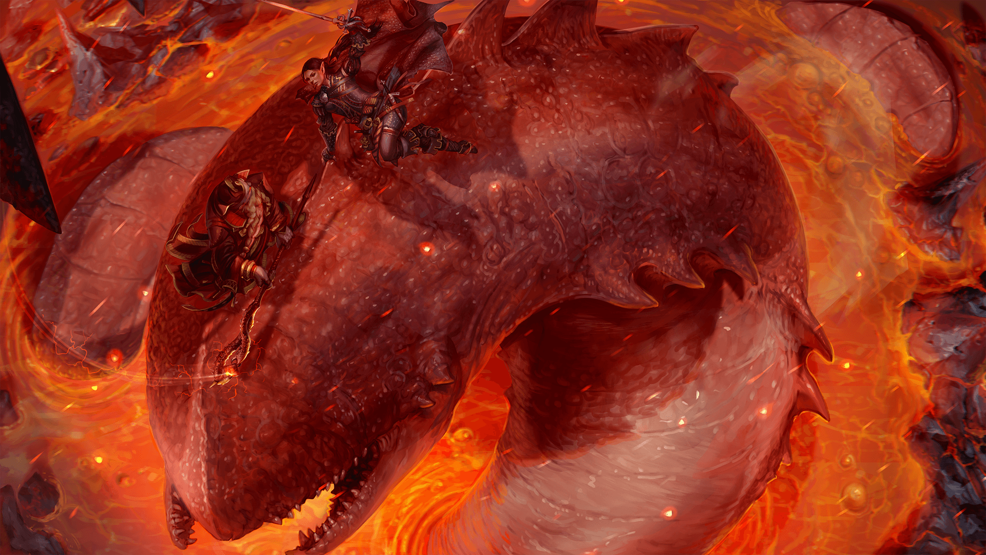 Pathfinder iconics fighting on the back of a large worm-like monster in the middle of a pit of lava