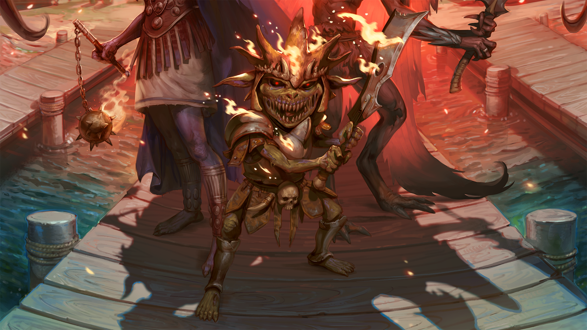 a goblin with a flaming crown and sword standing on a dock