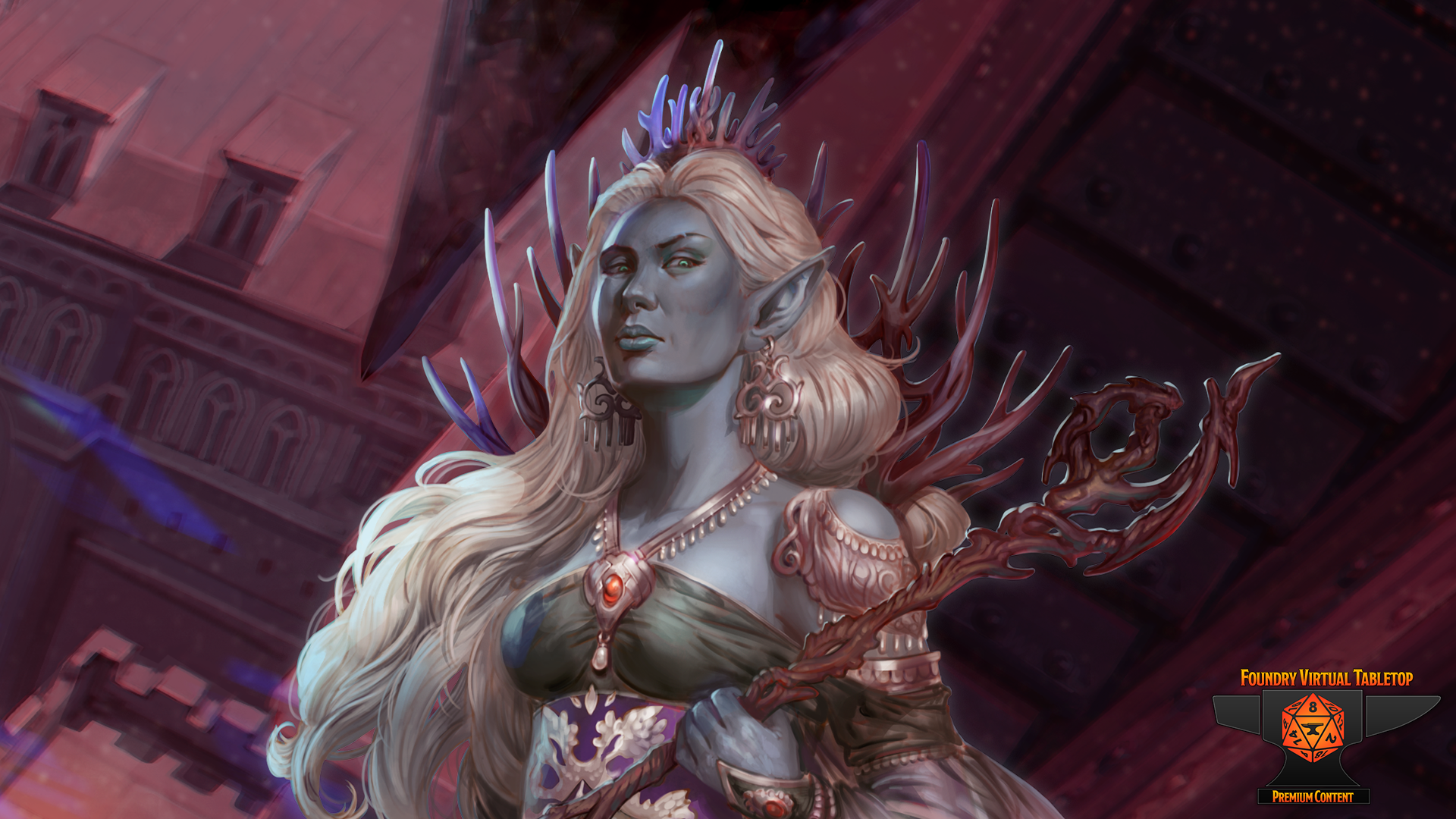 a drow looking forward at the viewer with a stern expression