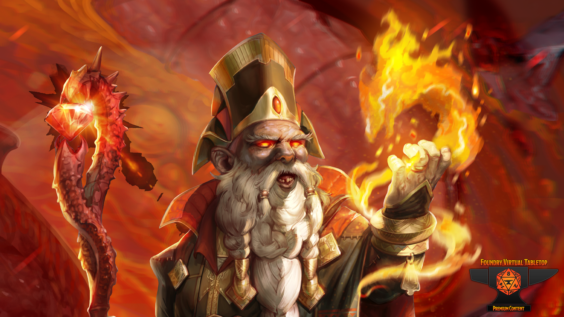 A dwarf dressed in robed with a tall crown summoning a ball of fire